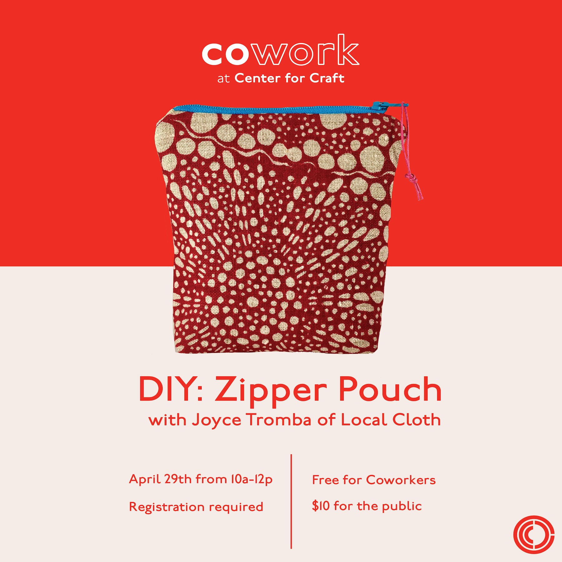 Red and cream colored zipper pouch
