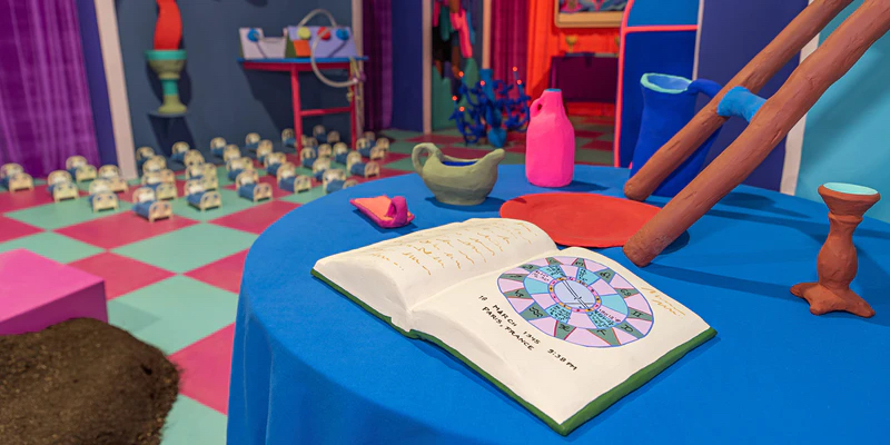 Brightly colored room with table and a book upon the table