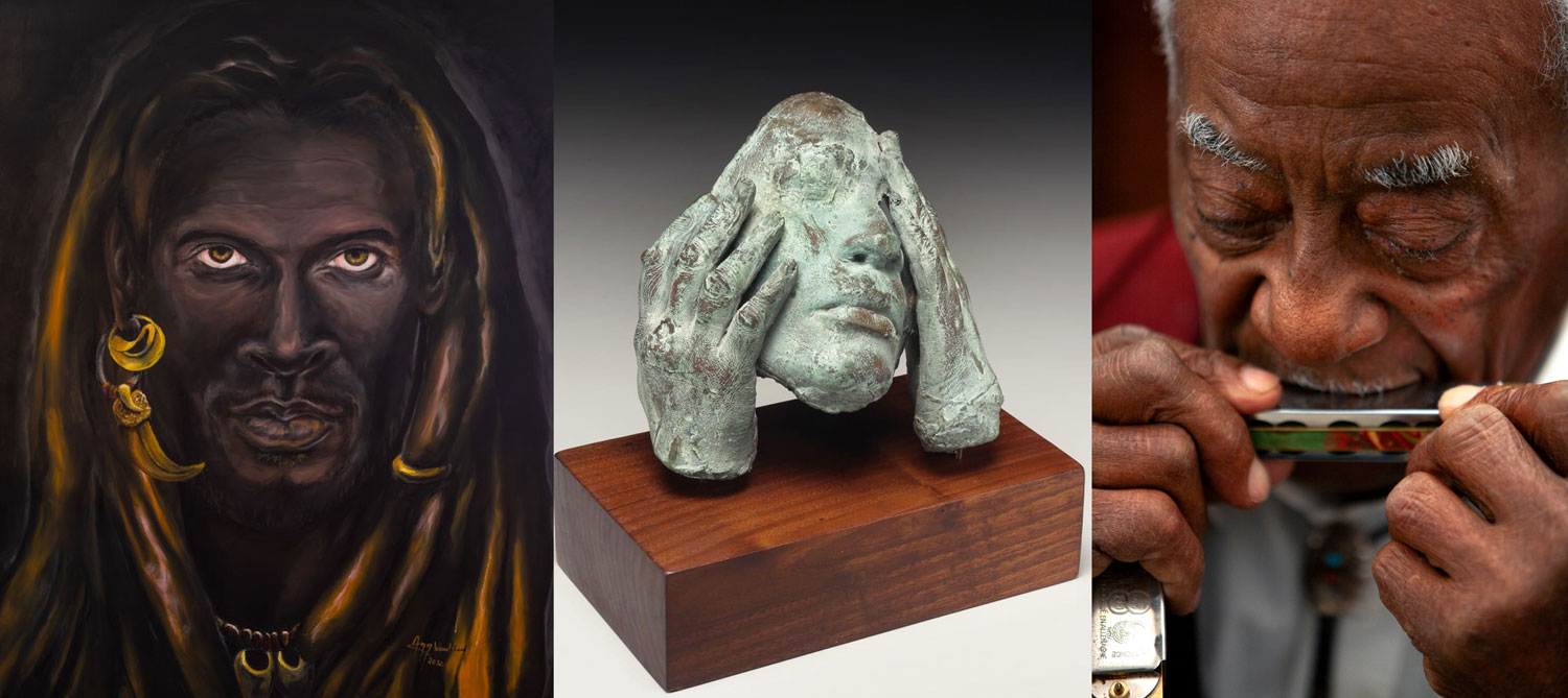 Three photos of works in the Black in Black on Black exhibtion at the Center for Craft