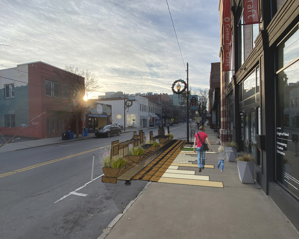 A rendering of mother and child walking past a parklet, over a real photo of the sidewalk outside the Center for Craft in Asheville, North Carolina.
