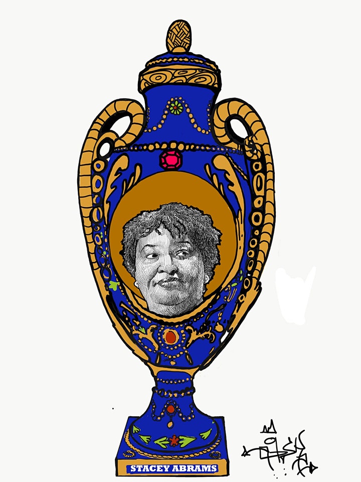 a drawn image of a ornate blue and gold vase with a black and white sketch-like image of stacey abrams in the center