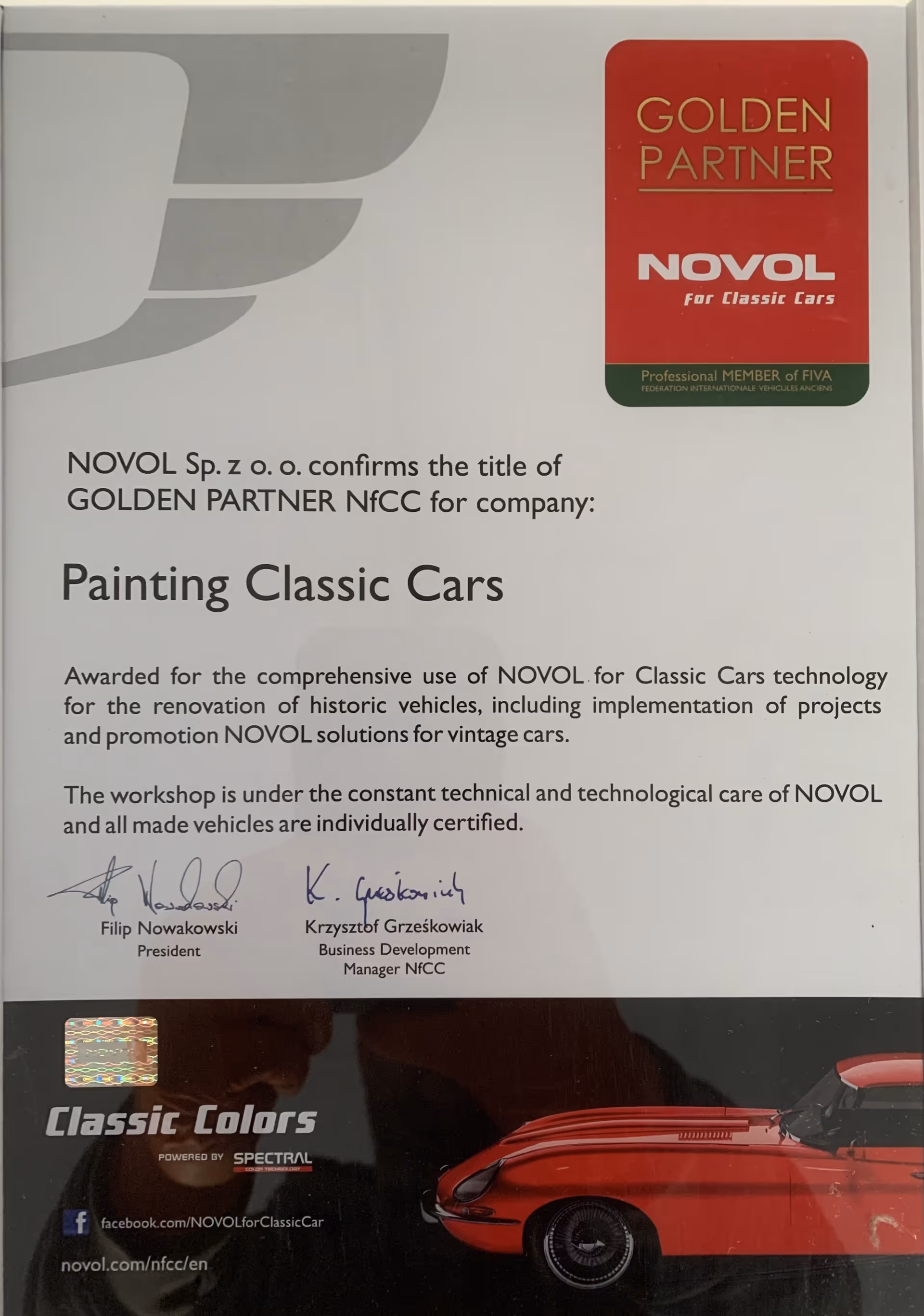 Certificate naming NOVOL as a Golden Partner, recognizing excellence in painting classic cars.