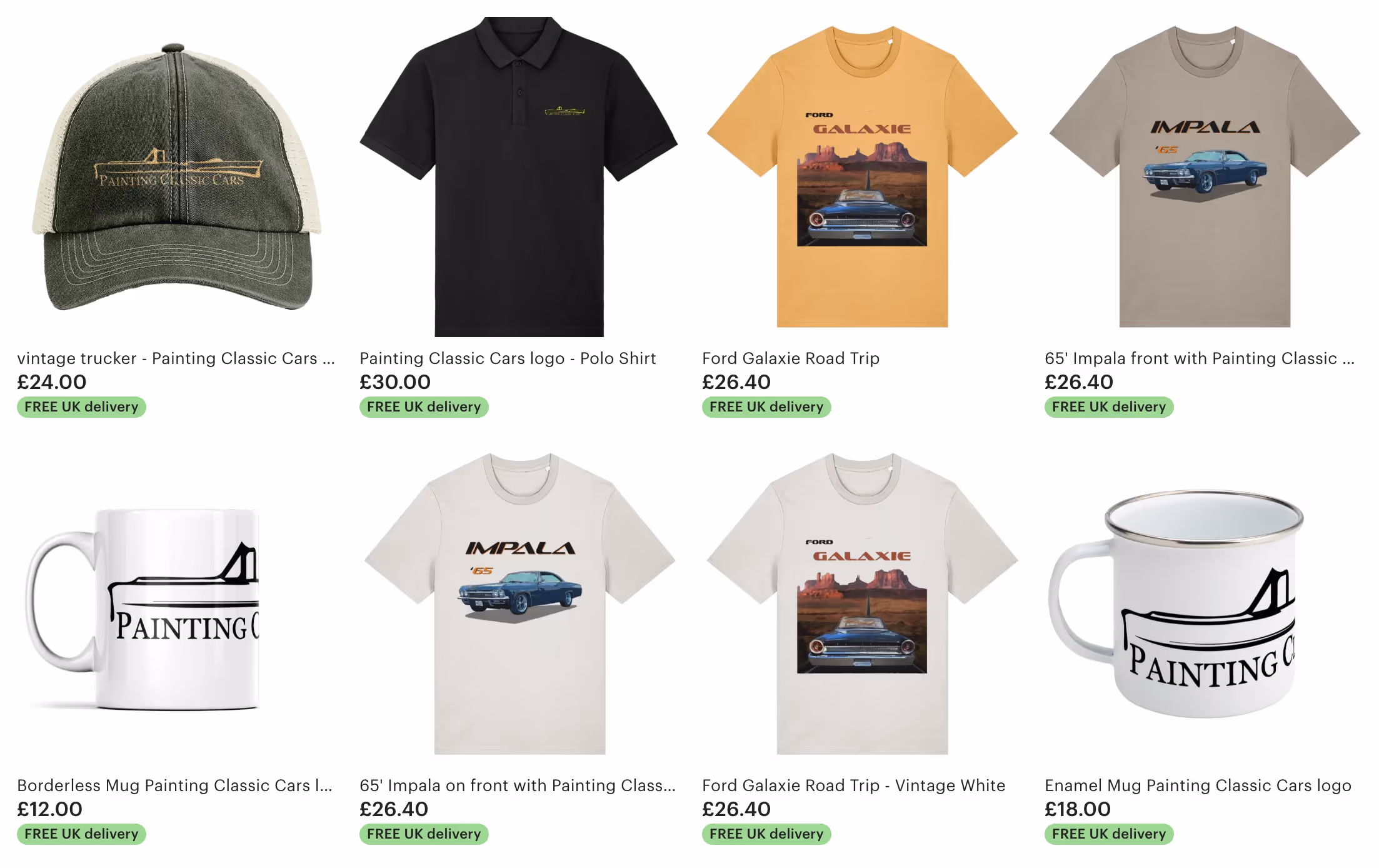 A selection of vintage-themed apparel and mugs with classic car designs and logos displayed on a webpage.