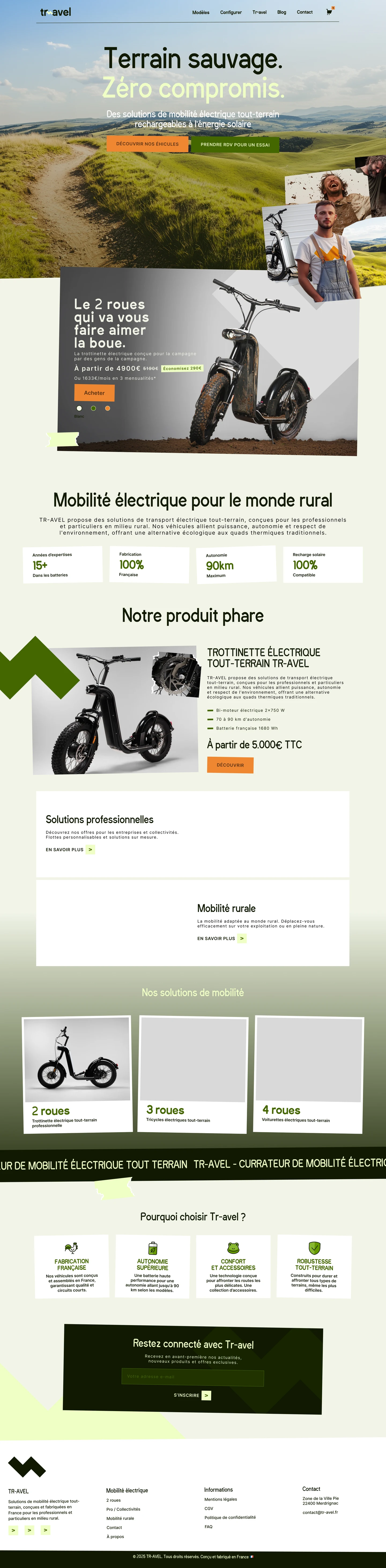 Maquette de la page d’accueil e-commerce Tr-avel consacrée à la mobilité électrique tout-terrain.