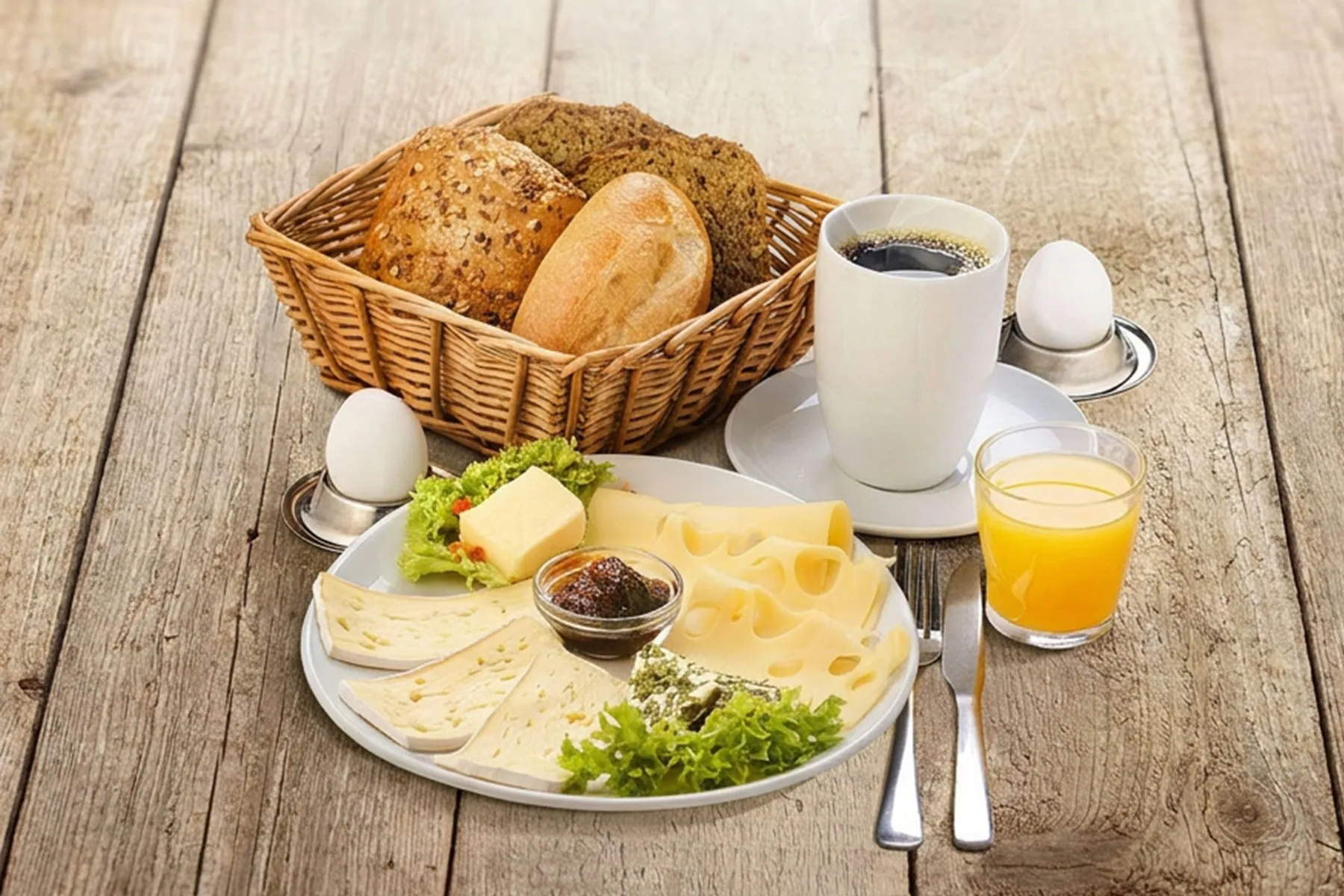 Ein herzhaftes Frühstück mit Brötchen, Käse, Salat und einem Aufstrich. Dazu zwei Eier, einen Kaffee und einen Orangensaft.