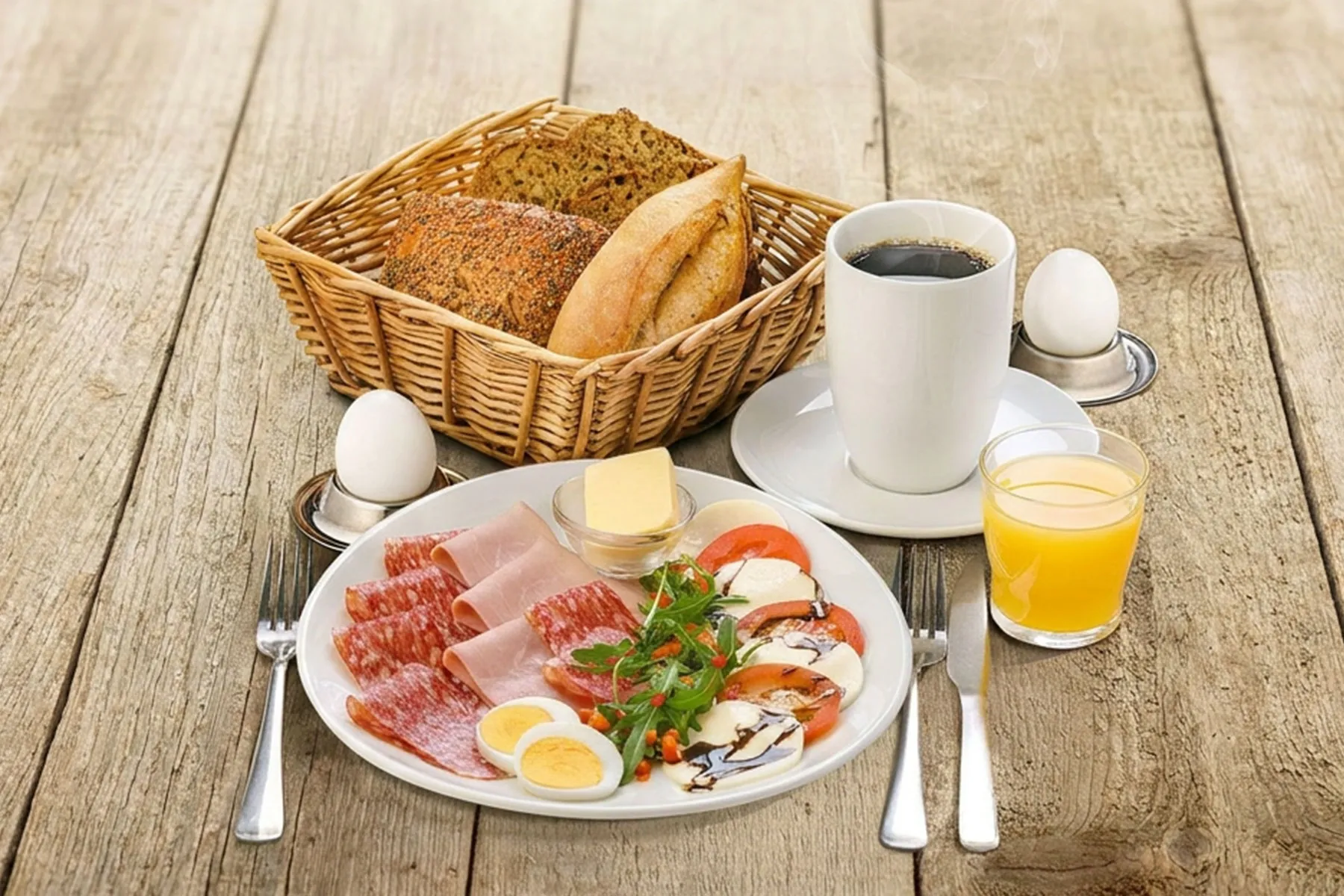 Ein herzhaftes Frühstück mit Brötchen, Salami, Schinken, Ei und einem Tomaten-Mozzarella-Salat. Dazu einen Kaffee und einen Orangensaft.
