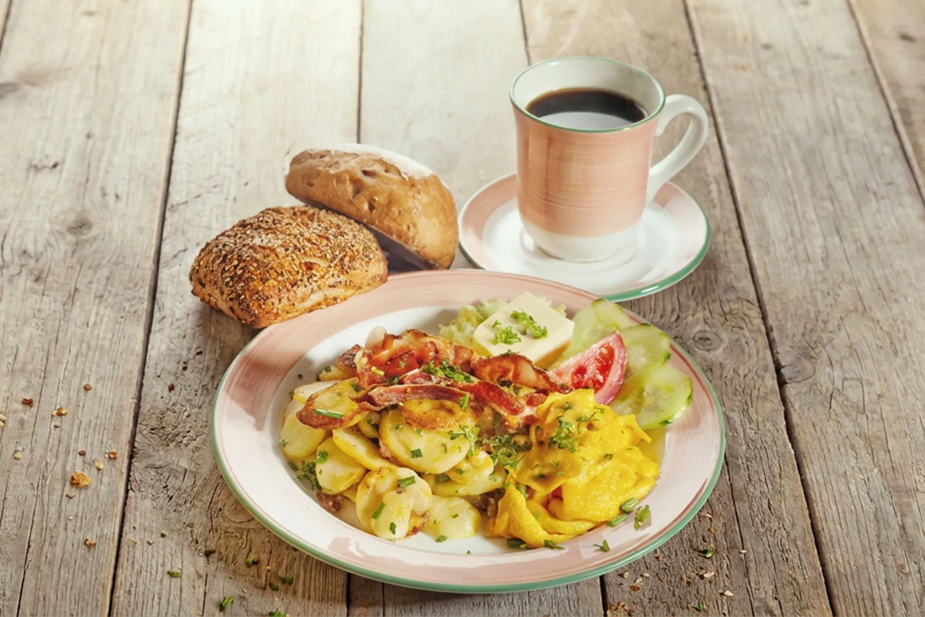 Ein herzhaftes Frühstück mit Kartoffeln, Speck, Tomaten und Gurken. Daneben zwei Brötchen und ein Kaffee.