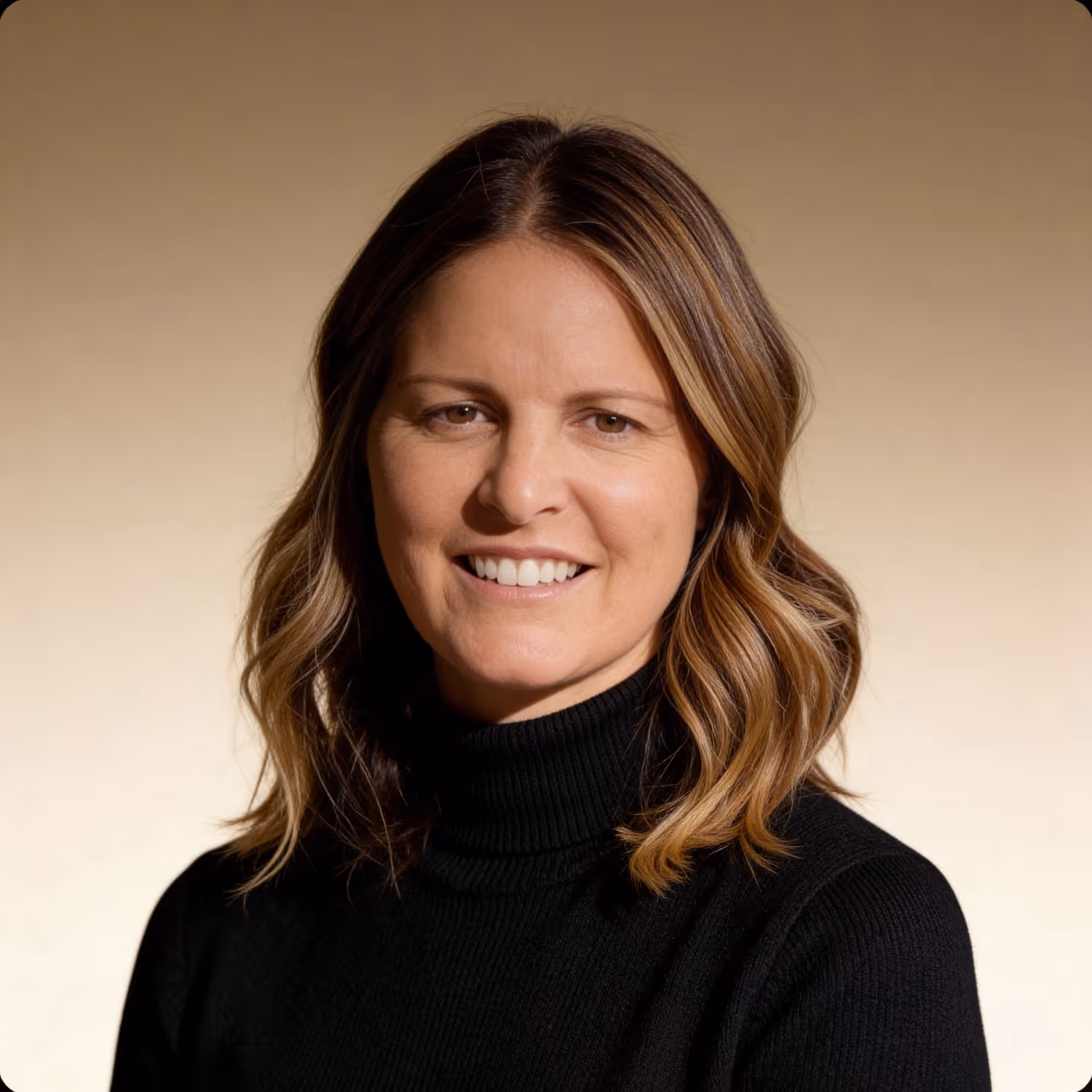 allison chapleau with shoulder-length brown hair wearing a black turtleneck against a beige background.