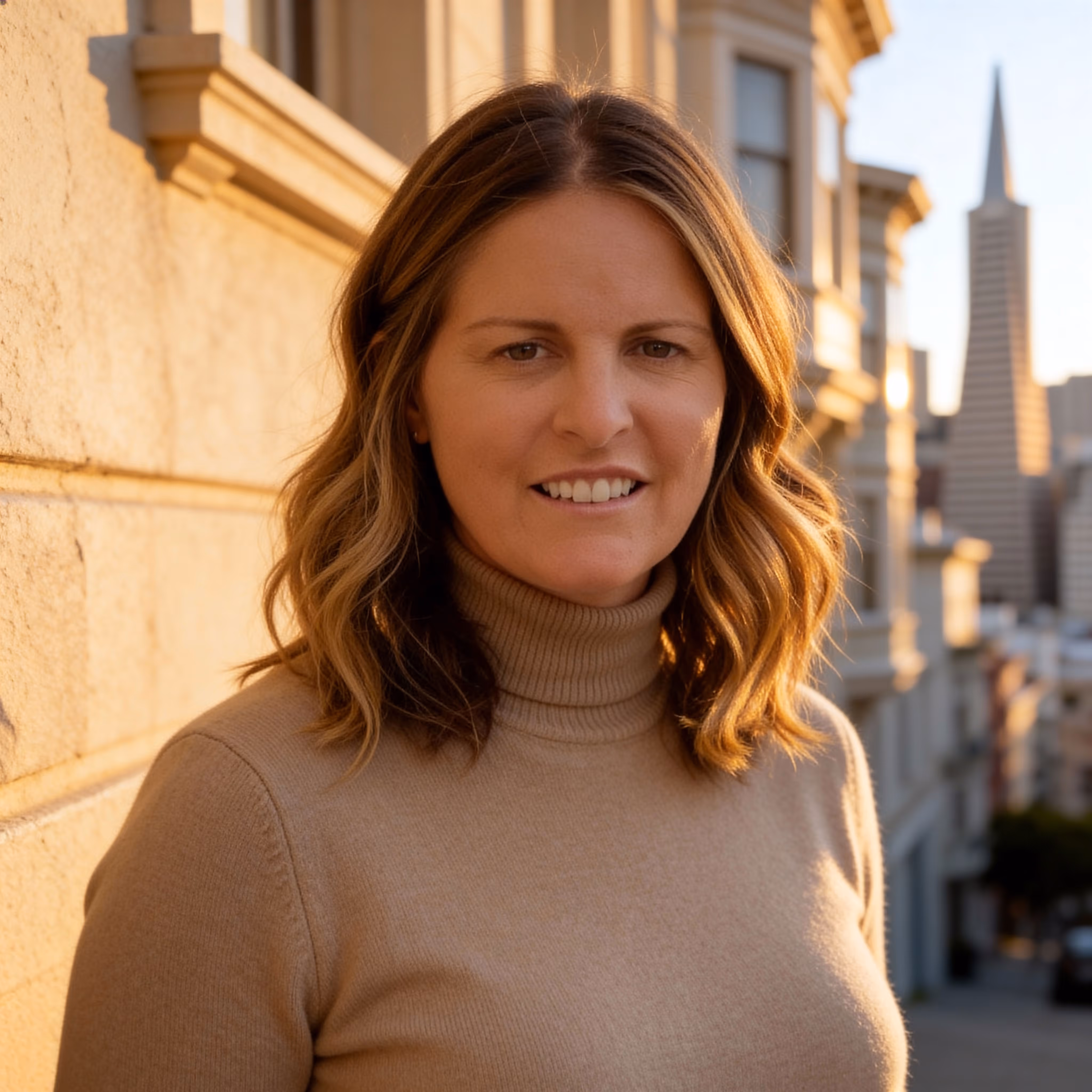 Allison Chapleau with wavy shoulder-length hair wearing a tan turtleneck sweater standing outdoors near a building with cityscape in the background.