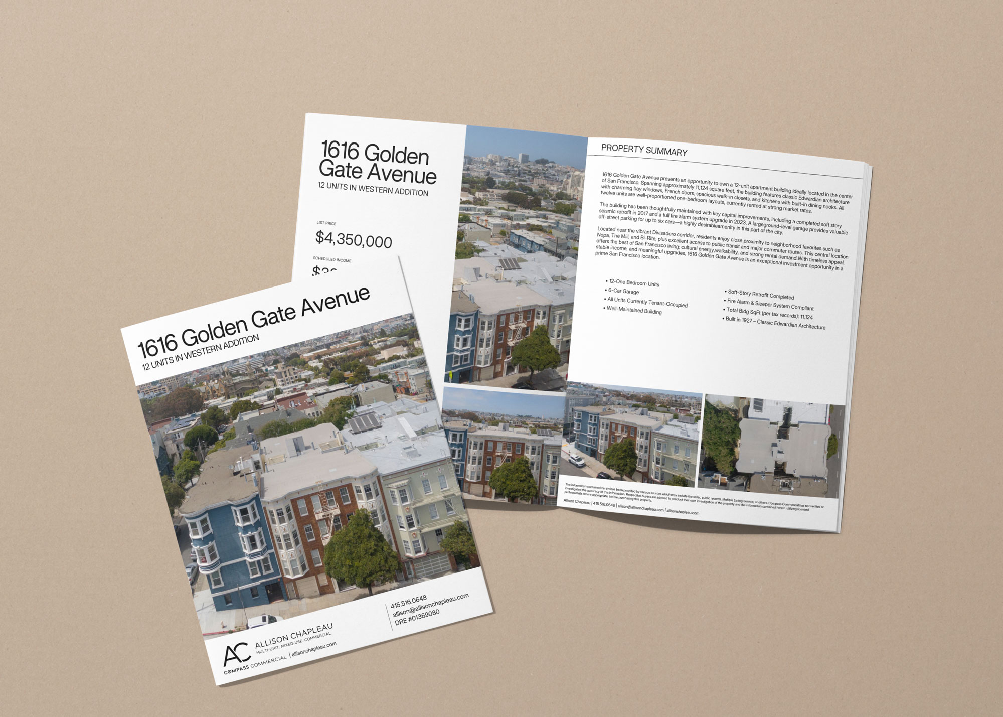 Marketing brochure for 1616 Golden Gate Avenue showing aerial photos of a residential building and property details including price and features.