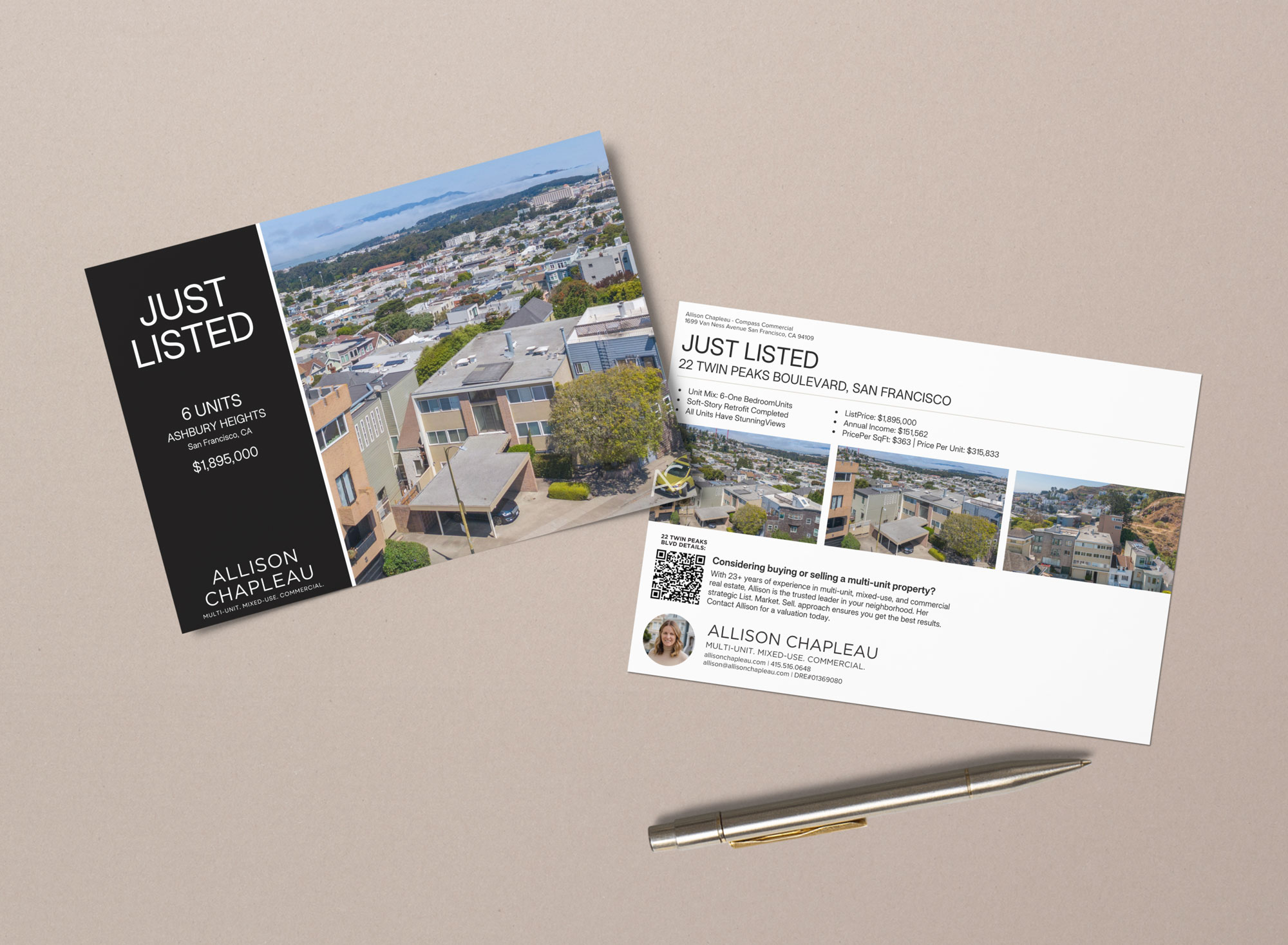 Two real estate postcards for multi-unit properties in San Francisco, one showing a neighborhood aerial photo and listing details, next to a silver pen on a beige surface.