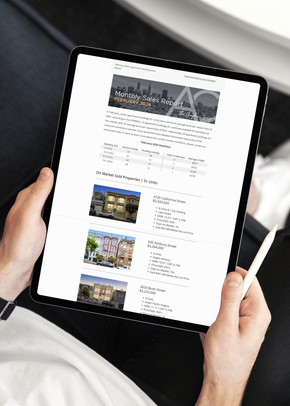 A person holding a tablet with a website on it. Allison Chapleau monthly market newsletter