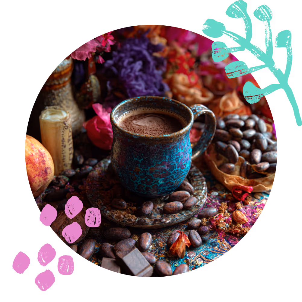 התמונה מציגה ספל קרמיקה צבעוני מלא במשקה קקאו חם, מונח על תחתית מוקפת פולי קקאו, קוביות שוקולד ופרחים יבשים צבעוניים. סביב הספל נראים אלמנטים טבעיים ותפאורה עשירה בצבעים חמים, עם איורים גרפיים בטורקיז וורוד המוסיפים אווירה אמנותית וחגיגית.