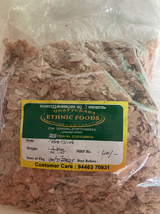 Plastic bag filled with dried flakes labeled as Onattukara Ethnic Foods with item weight 1 kg and price 60 rupees.