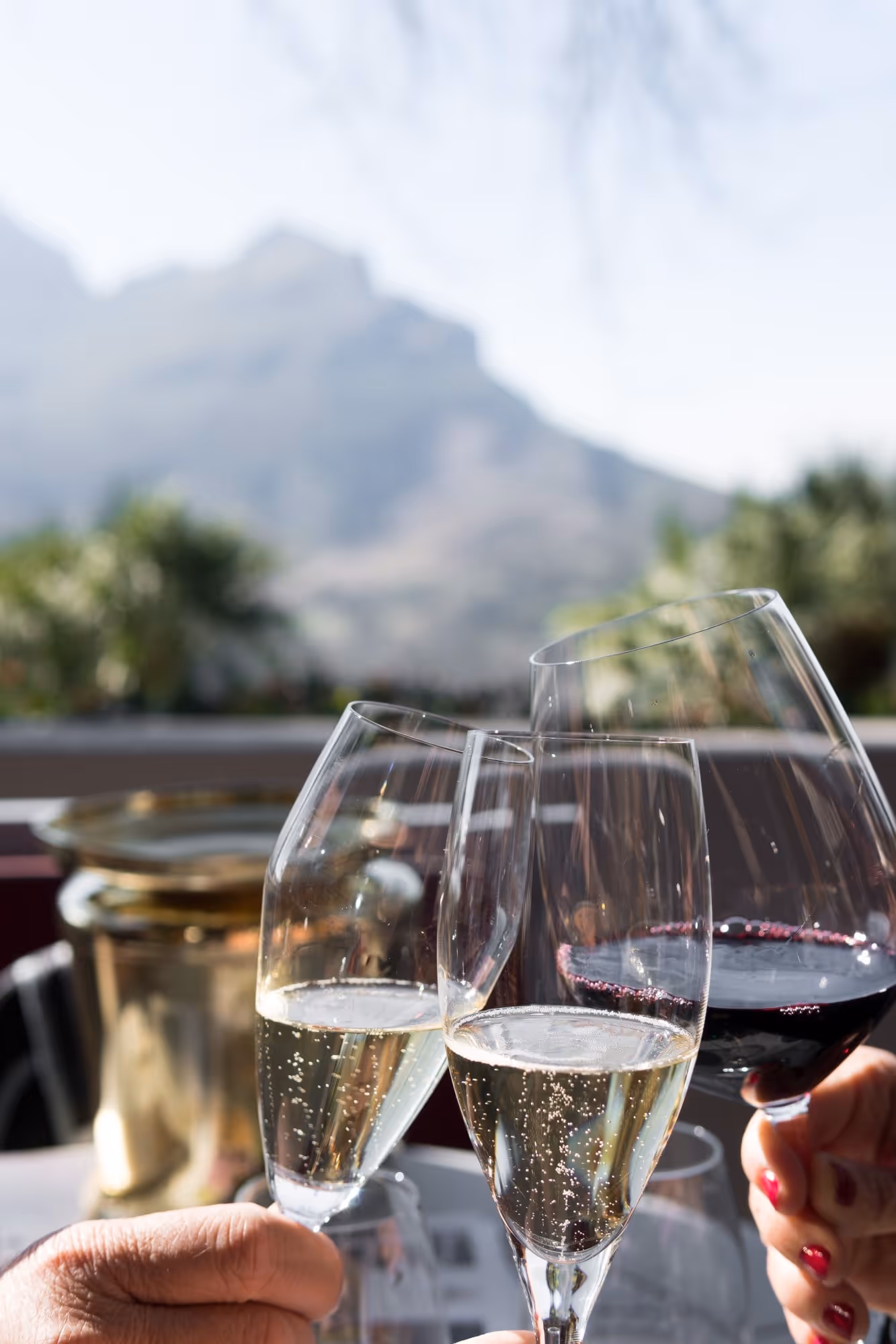 Three glasses of wine and bubbly coming together with a mountain backdrop