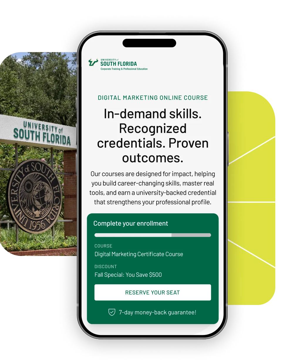 Smartphone screen displaying University of South Florida Corporate Training ad for a digital marketing online course with enrollment details and a $500 fall discount.