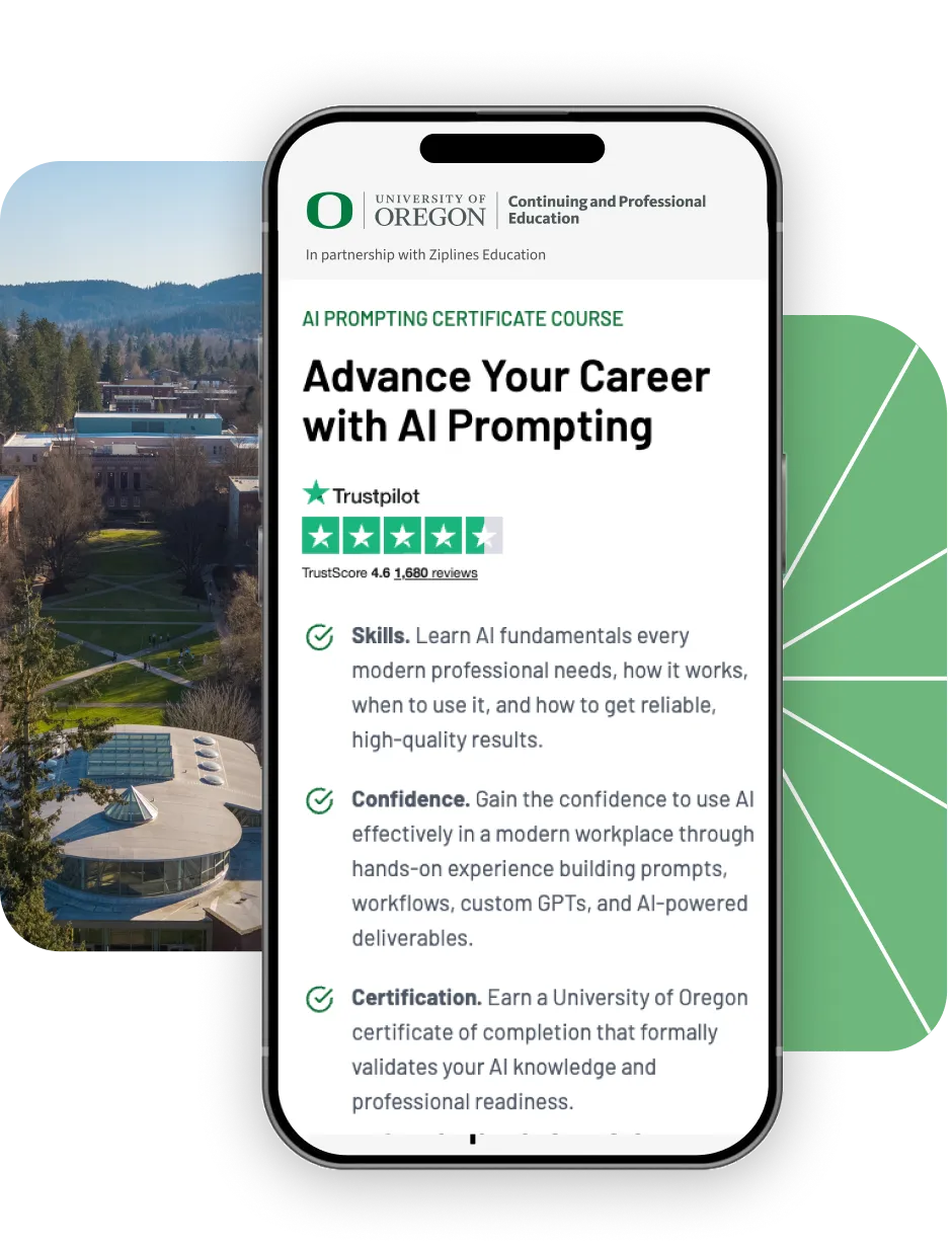 Smartphone displaying University of Oregon AI Prompting Certificate Course details with Trustpilot rating of 4.6 from 1,680 reviews, highlighting skills, confidence, and certification benefits.
