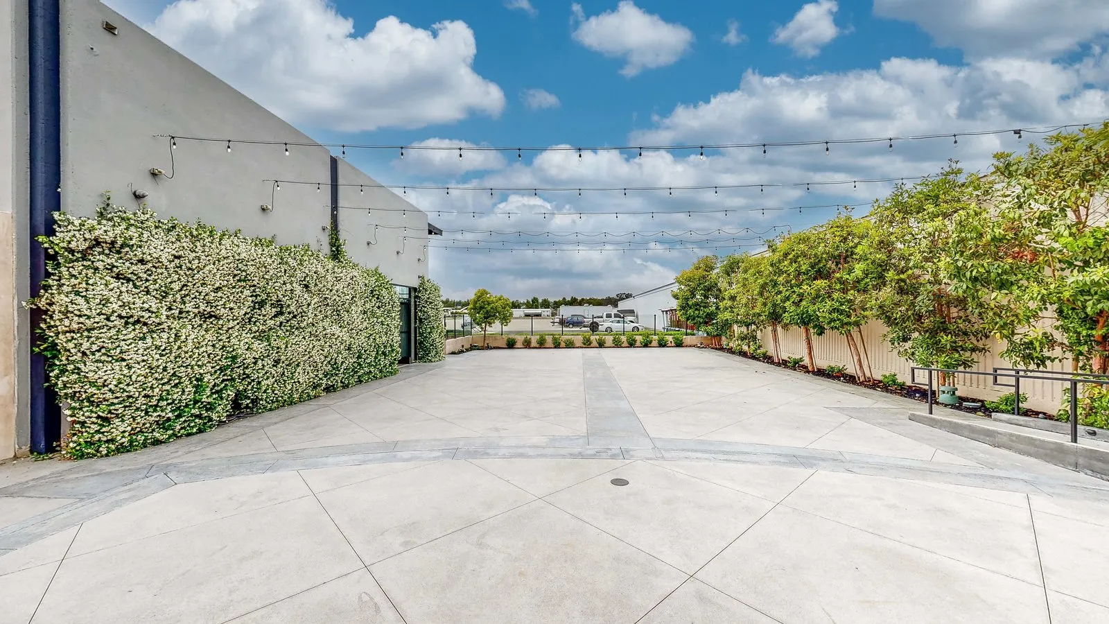 Hangar 21 outdoor terrace with greenery and overhead string lights