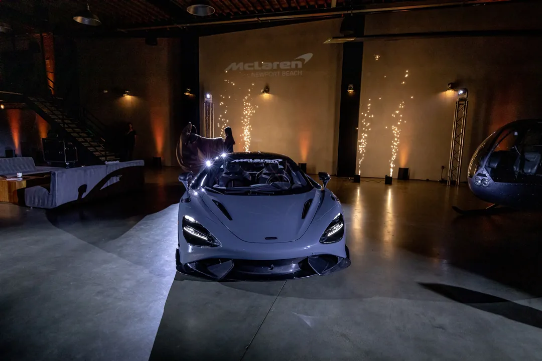 McLaren 765LT on display inside Hangar 21 during its unveiling event