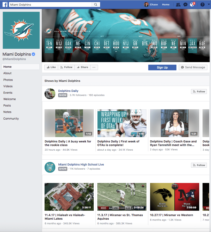 Miami dolphins facebook page that generated a ton of video views