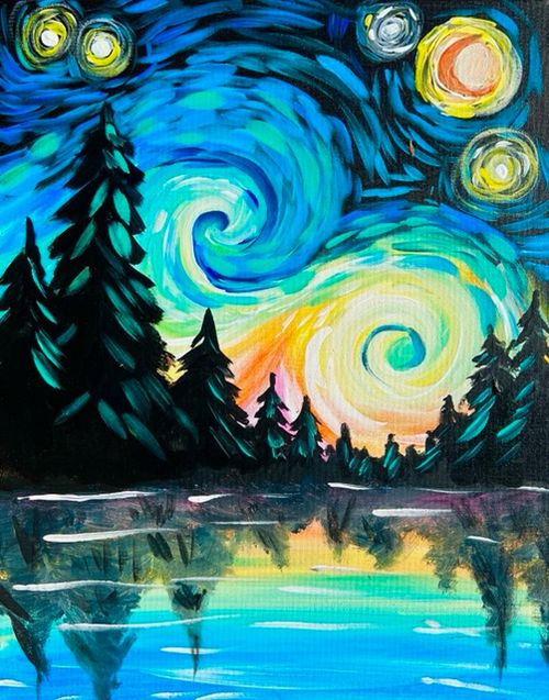 A painting of a starry night sky swirls above pine trees and glowing reflections