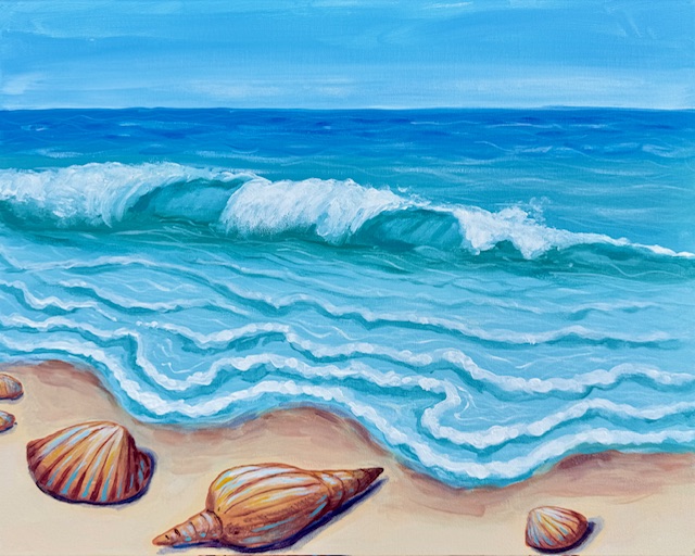 Painting of a tranquil shoreline with soft waves and scattered shells