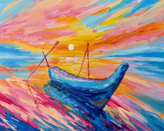 Painting of a glowing sunset and drifting boat in a relaxing seaside 