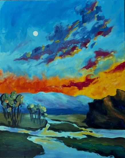 painting of a dreamy landscape of glowing skies and moonlight reflections.