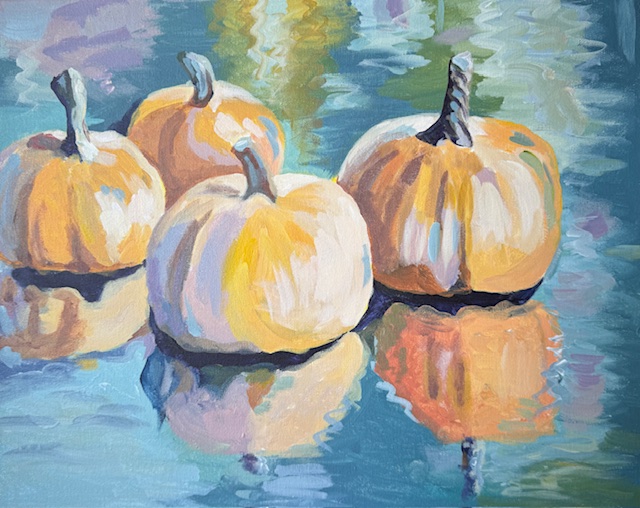 Painting of a vibrant pumpkin reflection