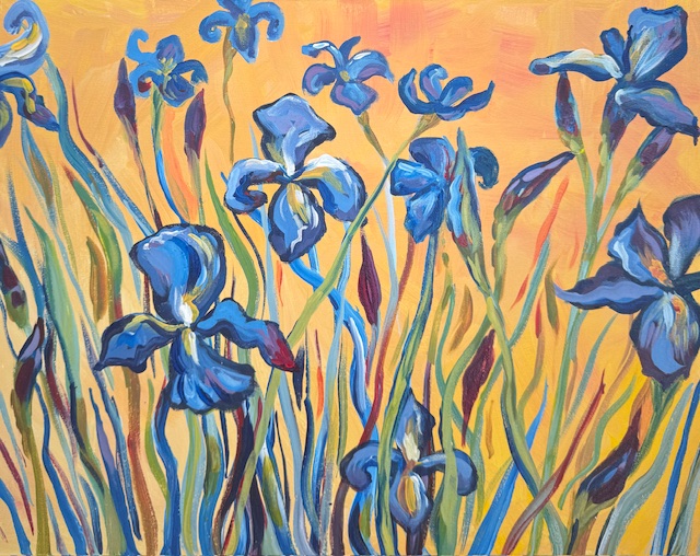 Painting of glowing purple irises on a golden background.