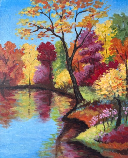 A painting Capturing fall’s glowing colors in a peaceful river landscape.
