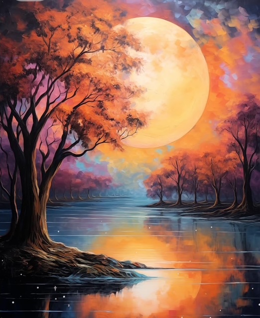 Painting of a glowing twilight sky reflected over tranquil autumn waters 