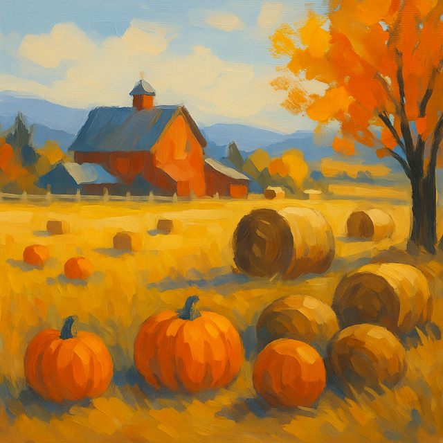 Painting of a charming autumn barn surrounded by pumpkins and golden fields 