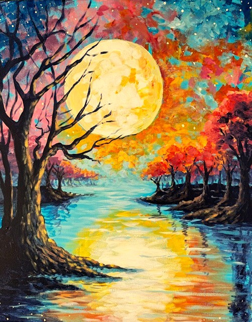 Painting of a glowing twilight sky reflected over tranquil autumn waters 