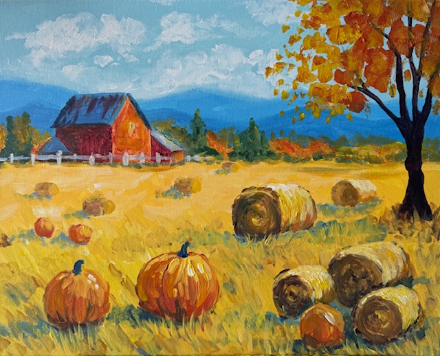 Painting of a charming autumn barn surrounded by pumpkins and golden fields 
