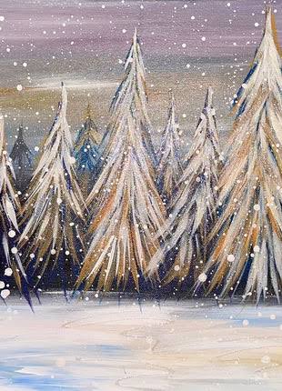 “Whispering Pines” — a peaceful snowy forest scene full of soft color, texture, and quiet charm.