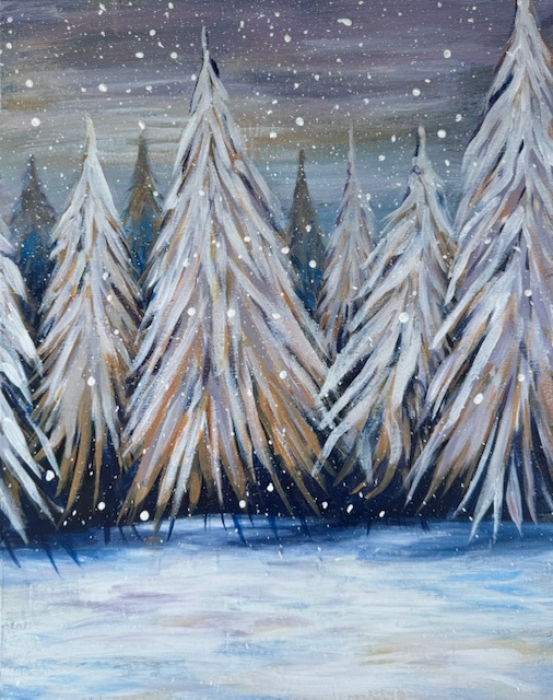 “Whispering Pines” — a peaceful snowy forest scene full of soft color, texture, and quiet charm.