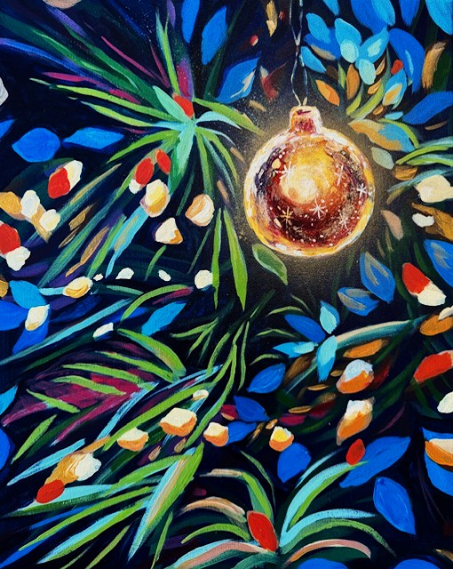 Painting of a vibrant gold ornament nestled in jewel-tone pine branches and twinkle lights.