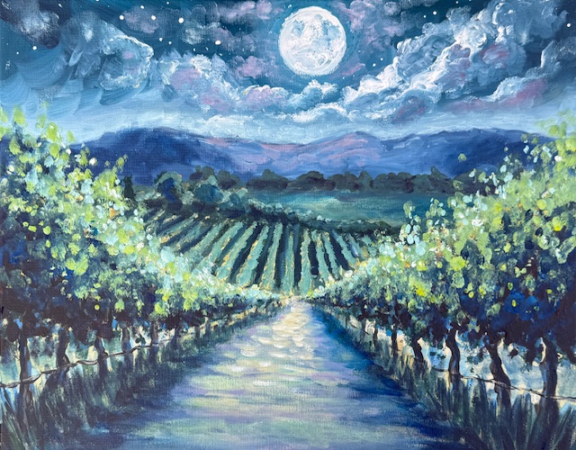 A serene, moonlit vineyard landscape painted in an impressionistic style, featuring a glowing full moon, soft clouds, rolling hills, and a winding path through rows of grapevines in cool blues and greens.
