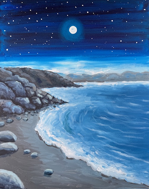 Painting of a serene coastal night scene glowing under the moonlight.