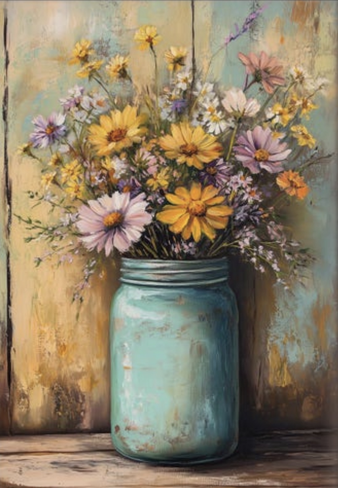 A cheerful bouquet of colorful wildflowers in a turquoise mason jar against a warm rustic background. Bright, happy, farmhouse-style painting with lots of texture and charm.