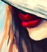 painting of a striking, modern portrait featuring flowing brushstrokes, soft neutrals, and a bold pop of red. 