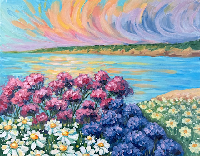 painting of A colorful coastal landscape featuring vibrant purple and white flowers in the foreground, overlooking a glowing ocean sunset with soft pastel skies and golden reflections on the water