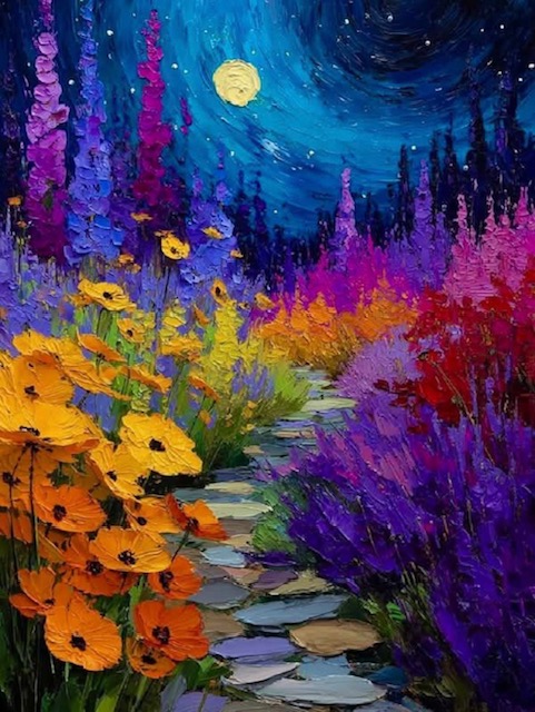 painting of a vibrant moonlit garden filled with bold florals, dreamy skies, and a winding path that draws you right in.