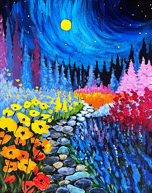 painting of a vibrant moonlit garden filled with bold florals, dreamy skies, and a winding path that draws you right in.