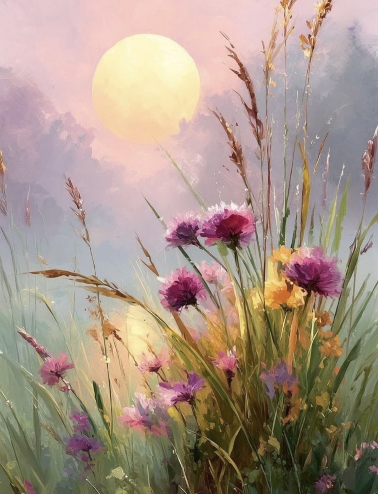 a painting of a peaceful spring meadow with glowing wildflowers under a soft golden sunset. 