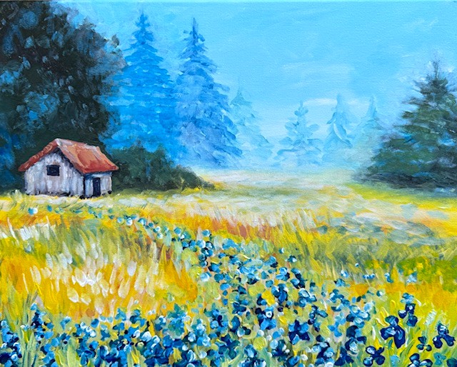 Painting of a colorful bluebell wildflower meadow with a small cottage and soft misty forest background. 