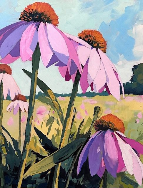 painting featuring bright pink coneflowers with orange centers in a soft landscape setting.