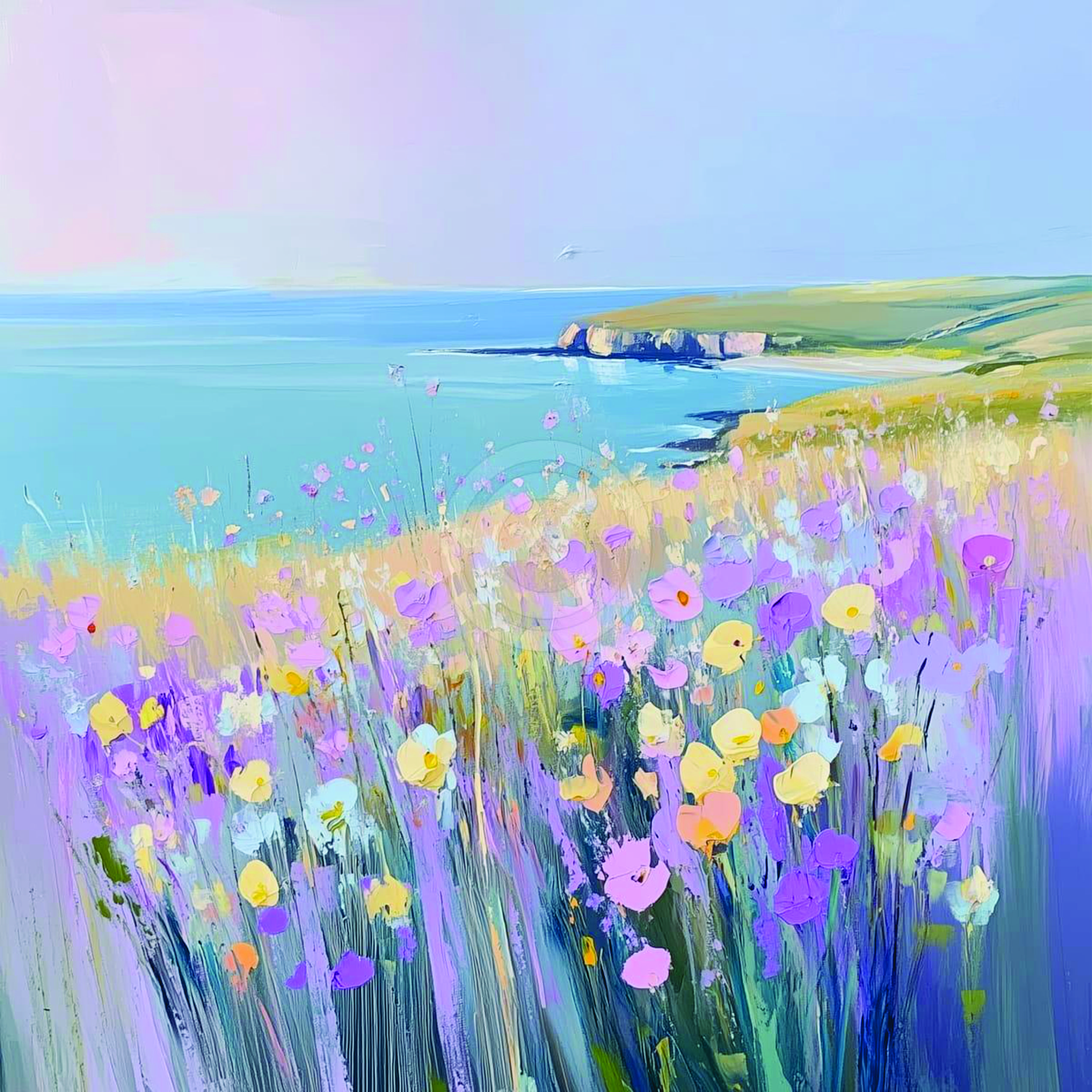 painting of a dreamy coastal wildflower scene 