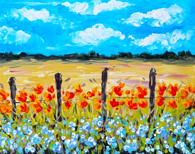 Painting of a Country Road—a golden wildflower landscape under bright blue skies.